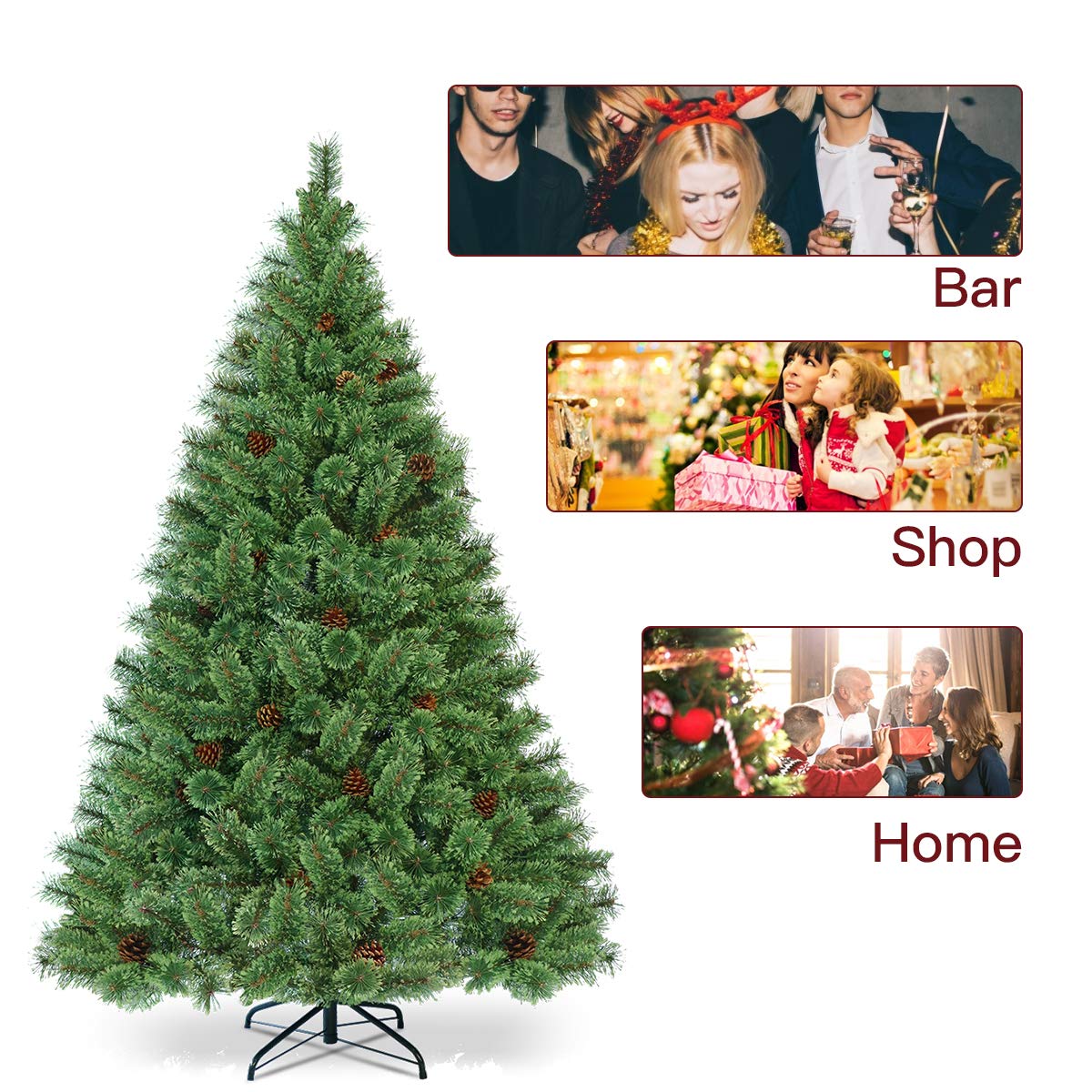 1.8M Artificial Christmas Tree, Pre-Lit Hinged Pine Tree w/ 484 Tips, 260 Warm LED Lights