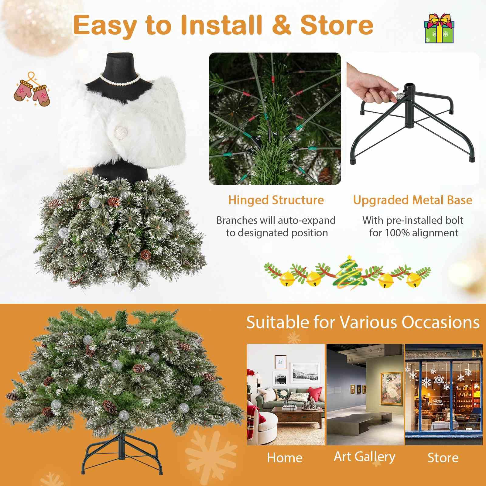 150CM Pre-lit Mannequin Artificial Christmas Tree, Hinged Dress Form Xmas Tree w/ 465 Branch Tips