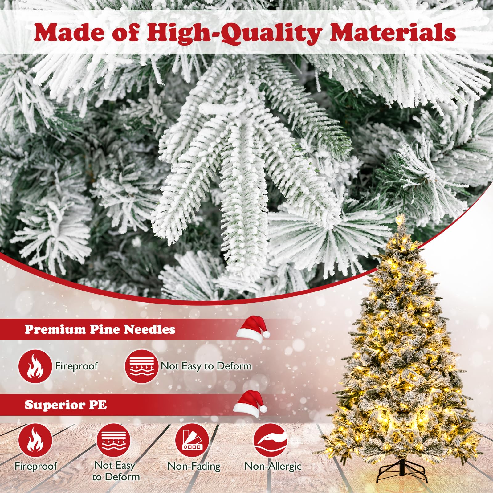 186 Christmas Tree with Pine Needles, Flocked Xmas Tree with 250 Warm White LED Lights & 752 Mixed Branch Tips