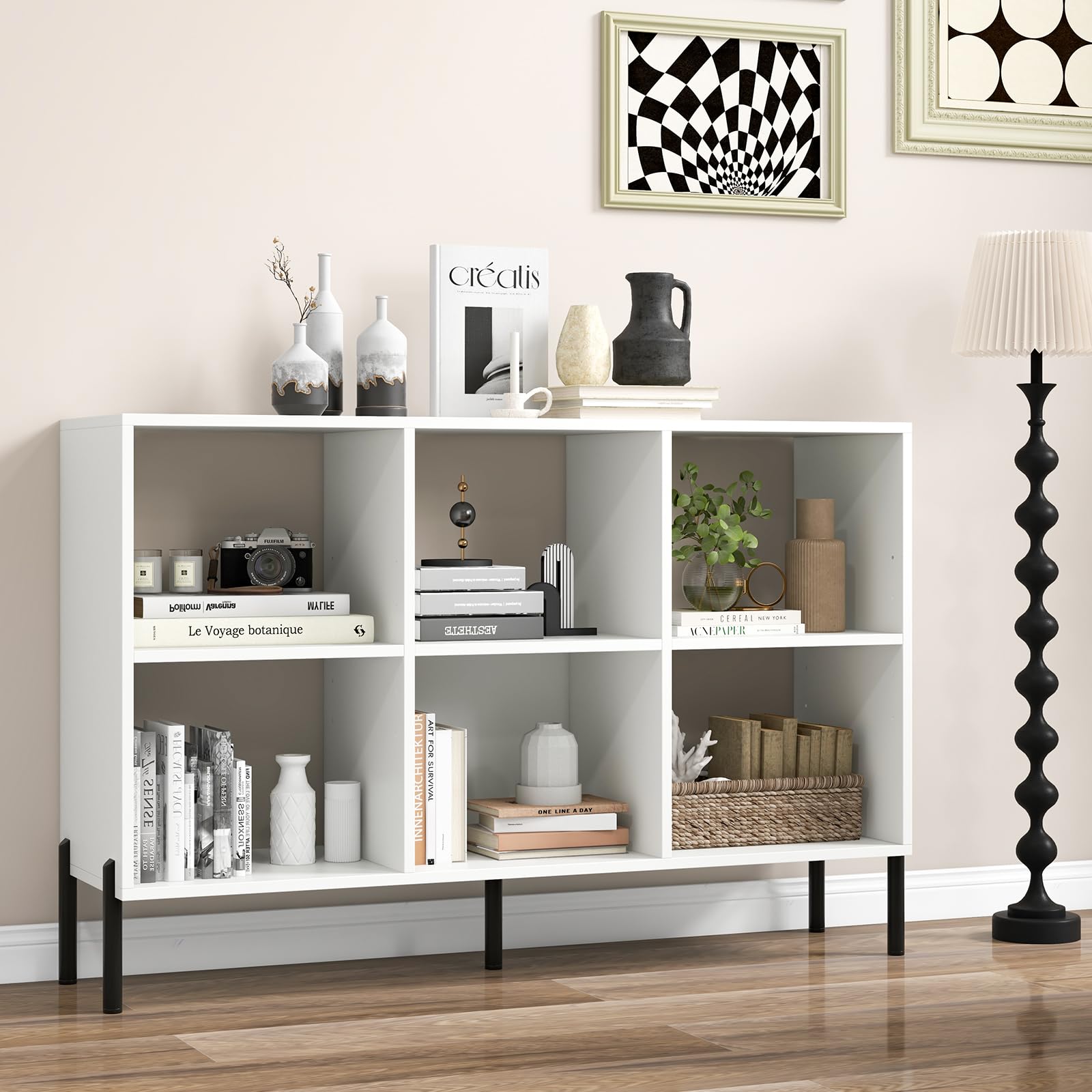 6-Cube Wooden Open Bookshelf with 5 Metal Legs