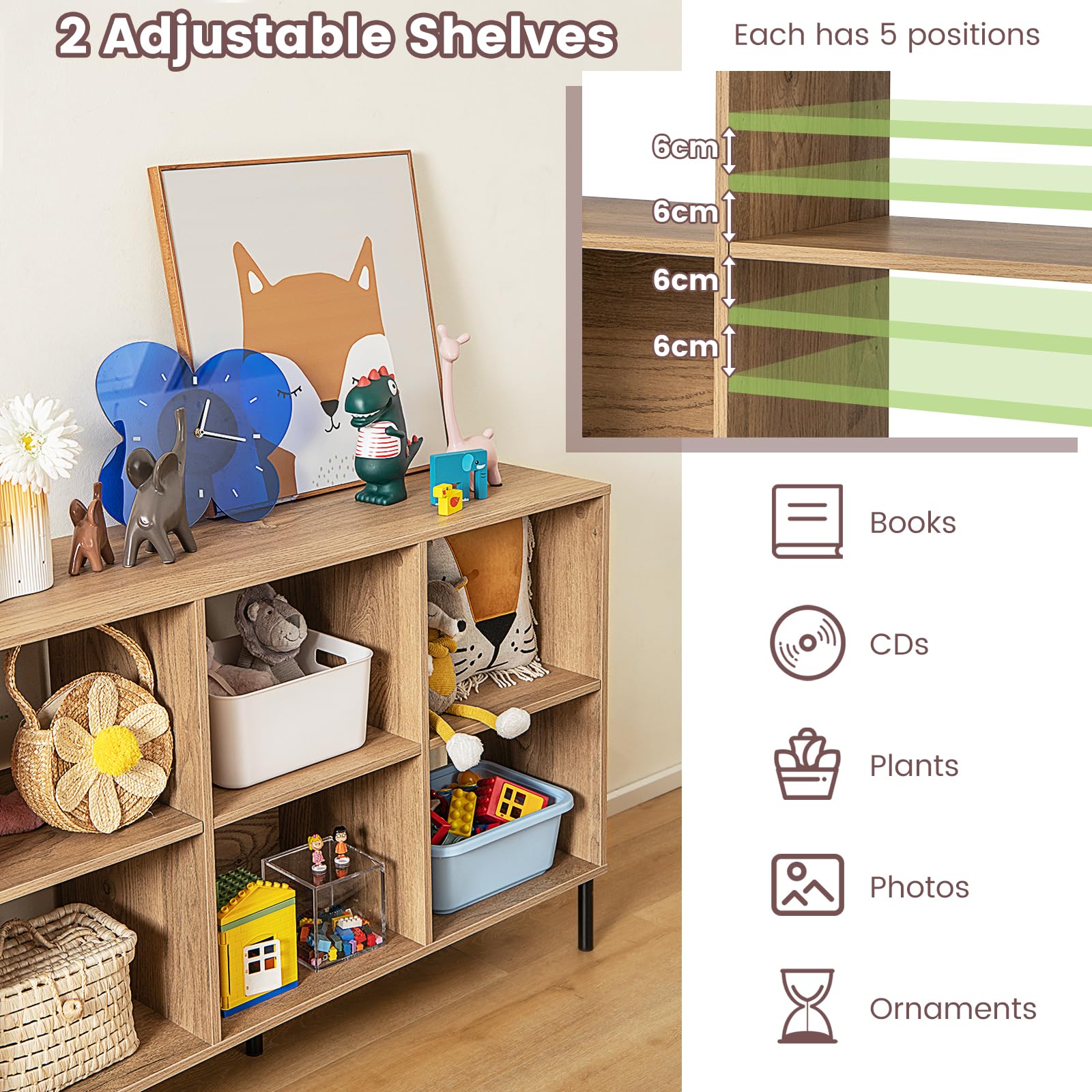 6-Cube Wooden Open Bookshelf with 5 Metal Legs
