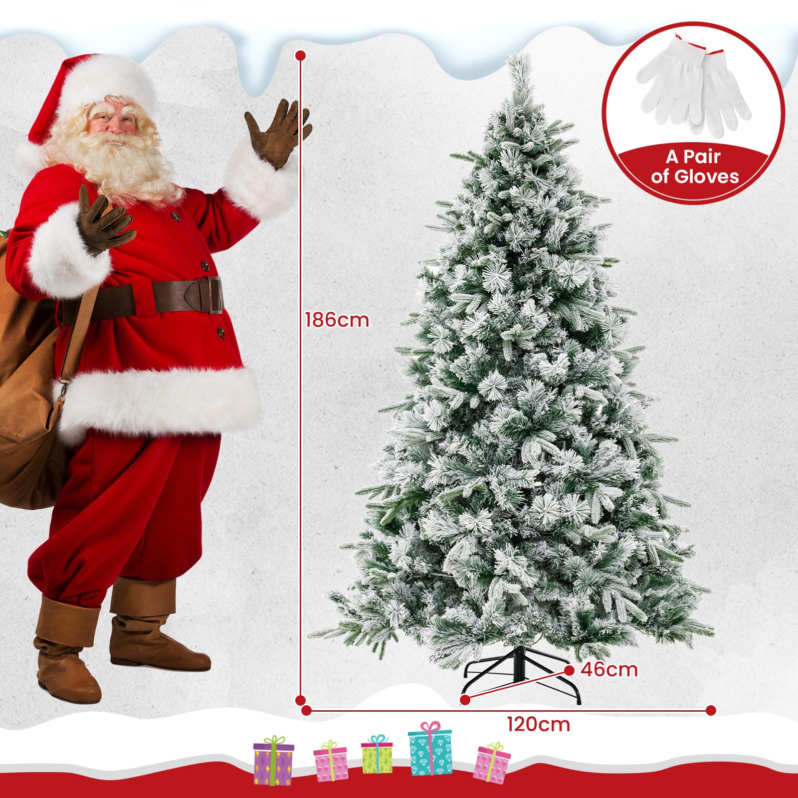 186 Christmas Tree with Pine Needles, Flocked Xmas Tree with 250 Warm White LED Lights & 752 Mixed Branch Tips