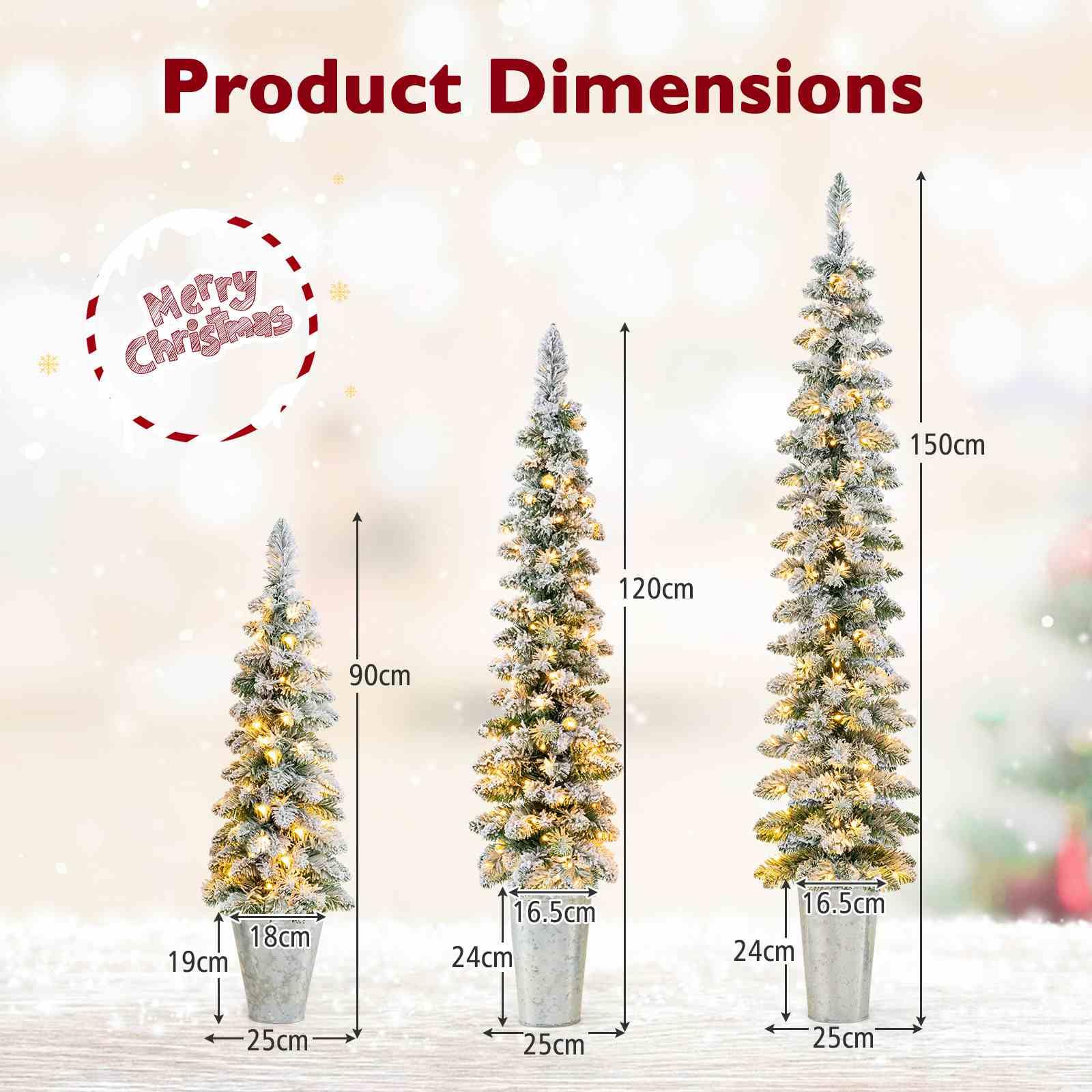 Set of 3 Snow-Flocked Christmas Tree with Silver Metal Buckets for Decoration
