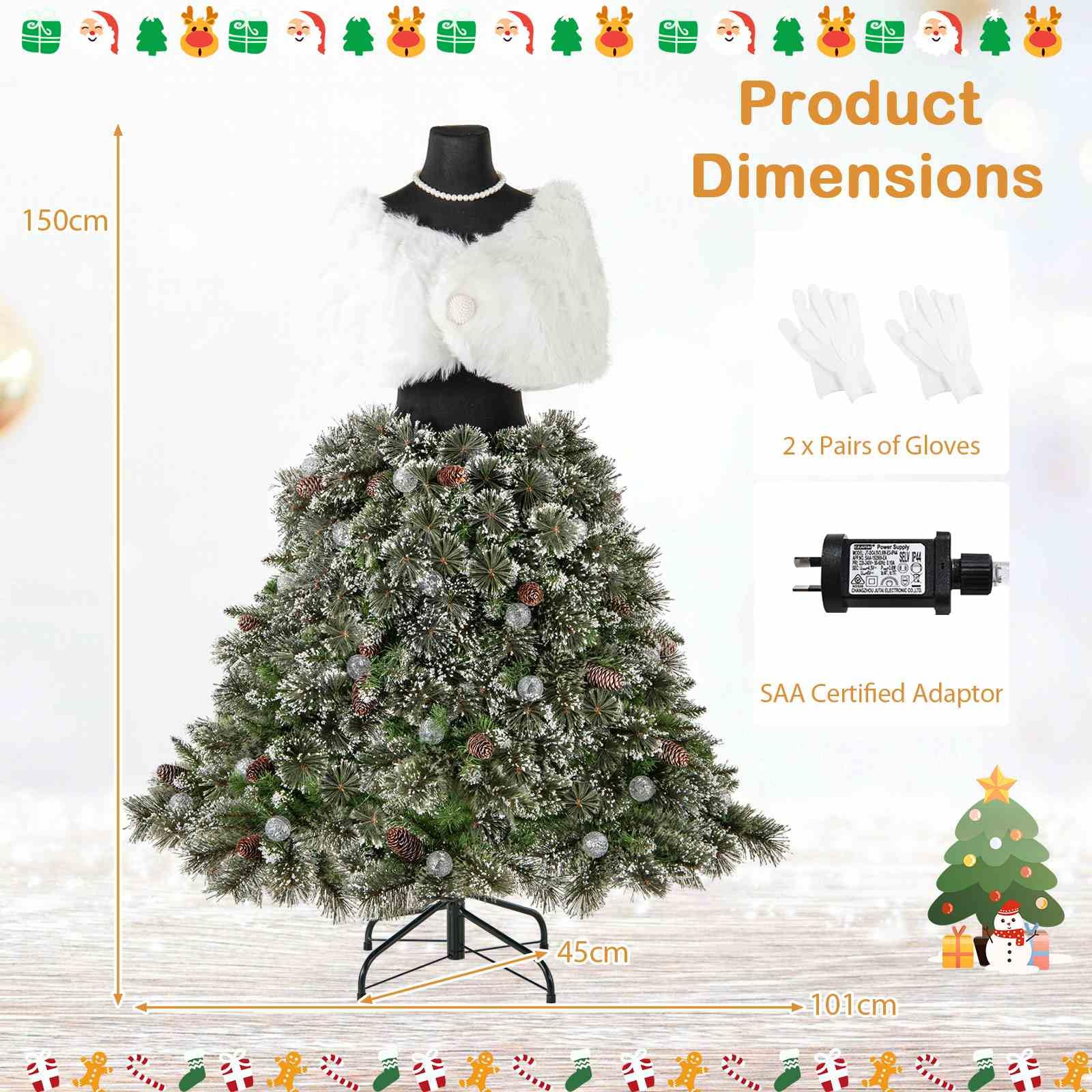 150CM Pre-lit Mannequin Artificial Christmas Tree, Hinged Dress Form Xmas Tree w/ 465 Branch Tips