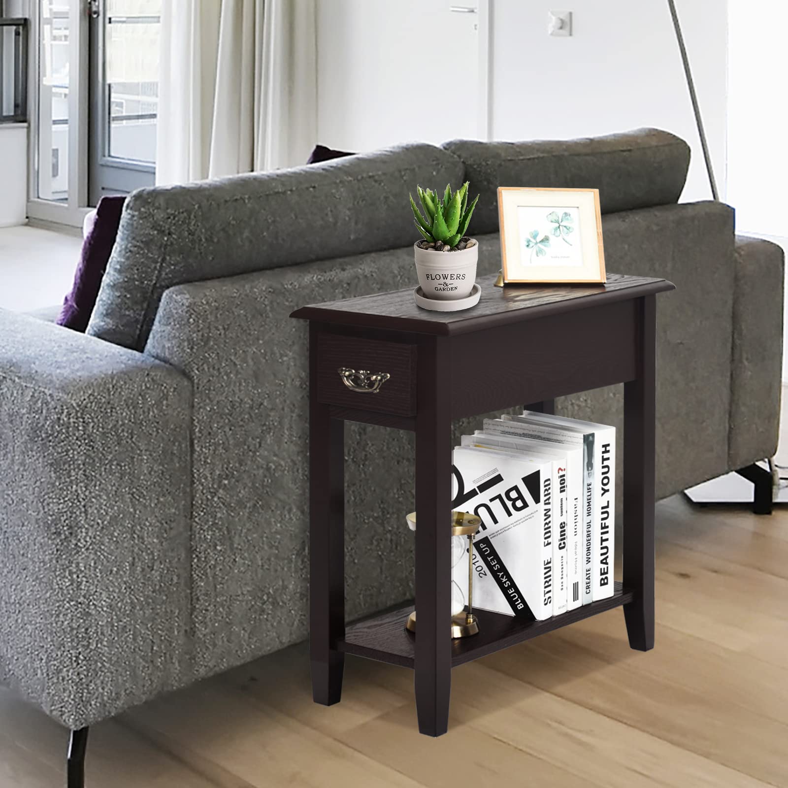 Side Table 2 Tier End Table Narrow Nightstand w/ Storage Drawer and Lower Shelf