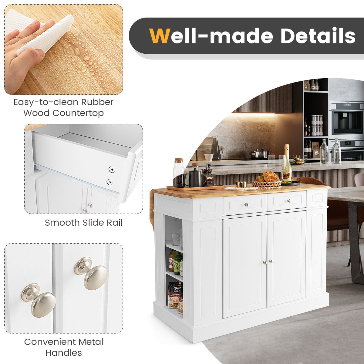 Kitchen Island with Drop Leaf Countertop and 3-Level Adjustable Shelves