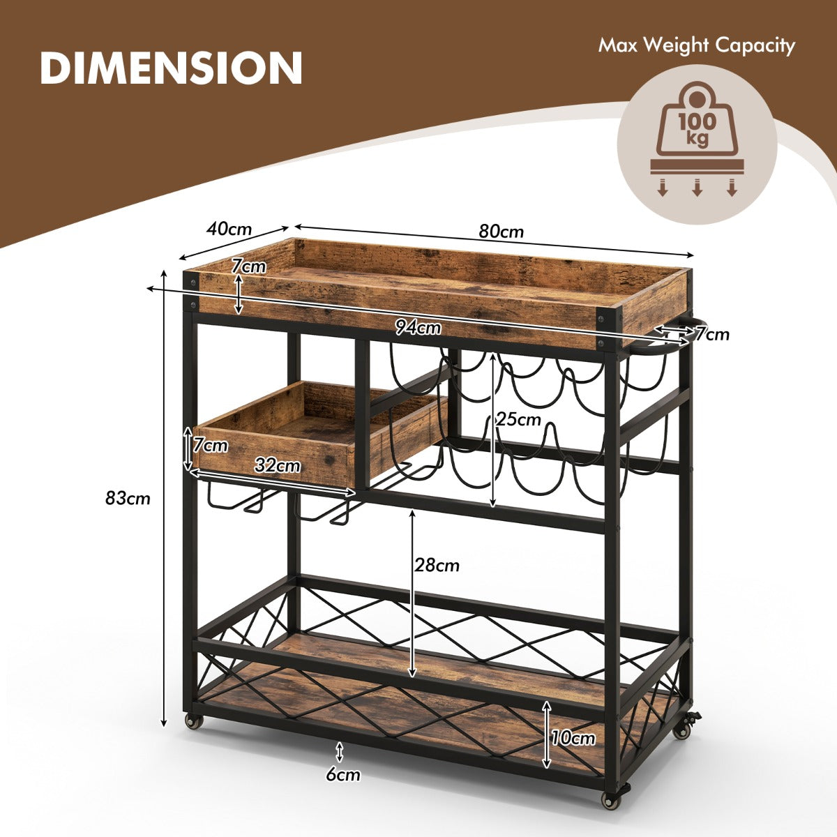 3-Tier Rolling Bar Cart with Removable Tray for Dining Room