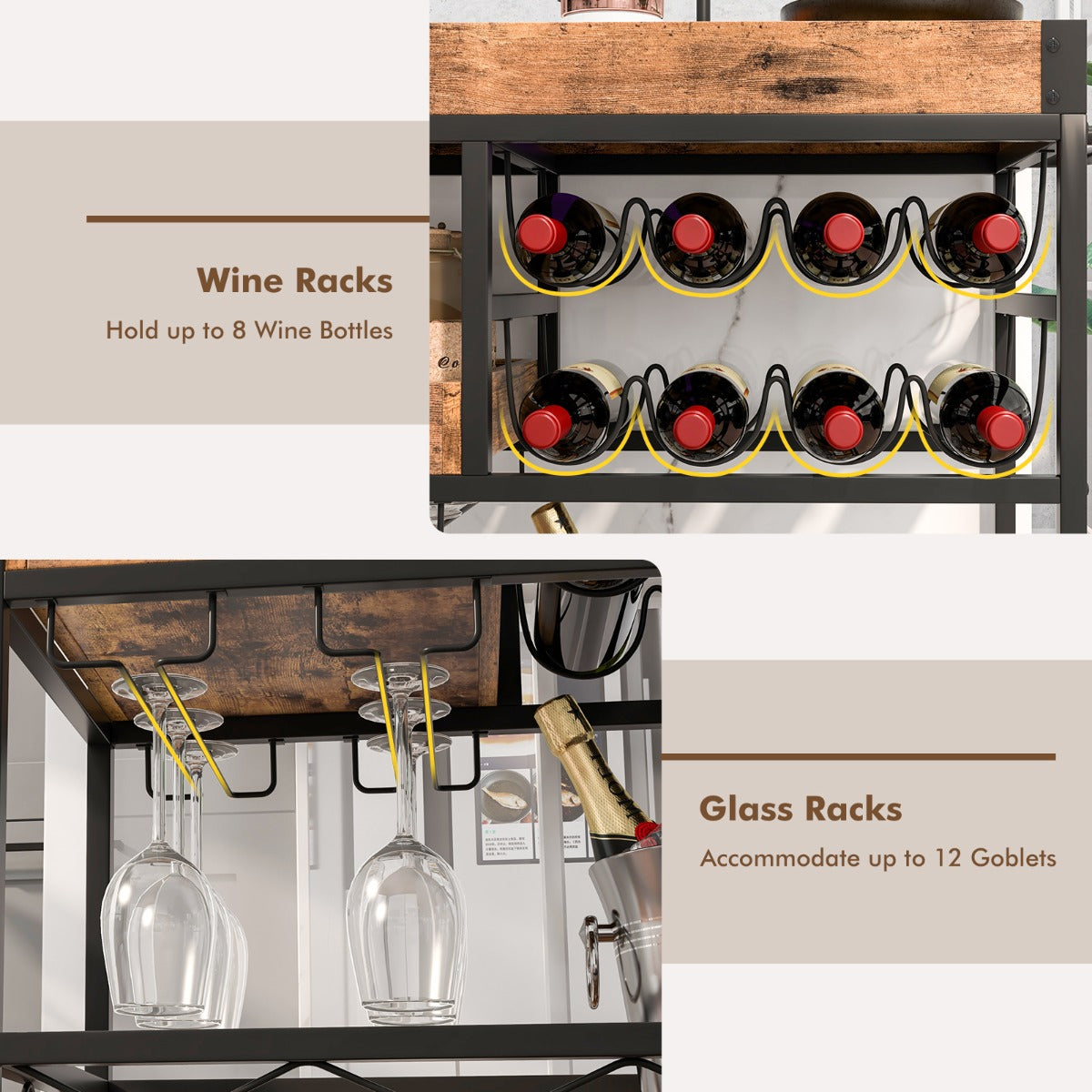 3-Tier Rolling Bar Cart with Removable Tray for Dining Room