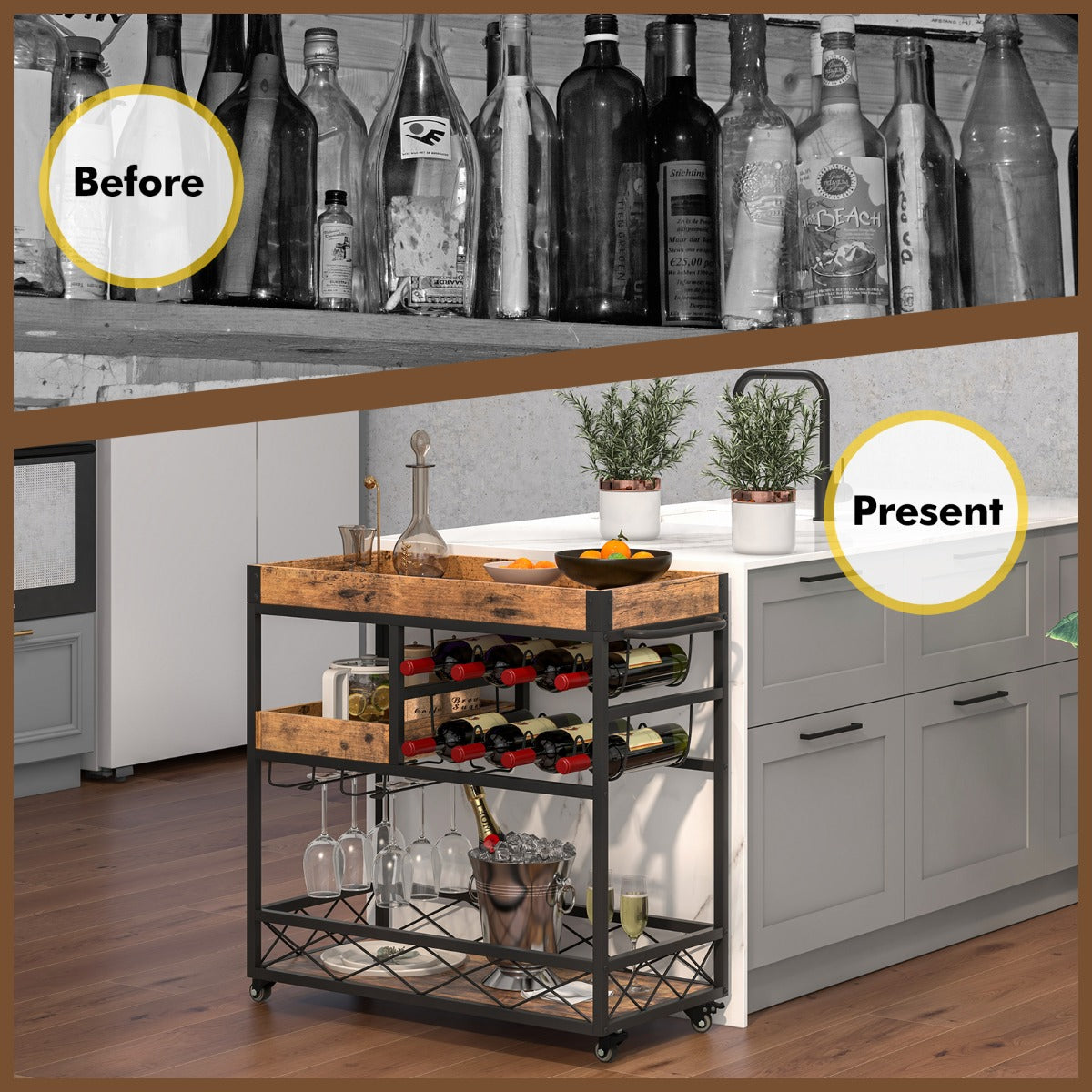 3-Tier Rolling Bar Cart with Removable Tray for Dining Room