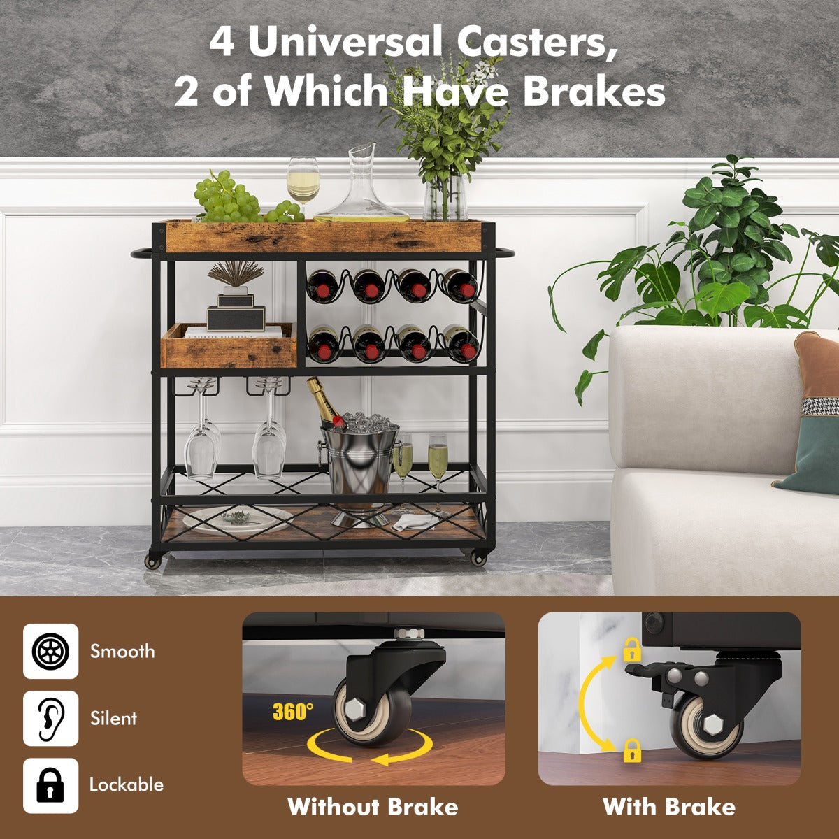 3-Tier Rolling Bar Cart with Removable Tray for Dining Room