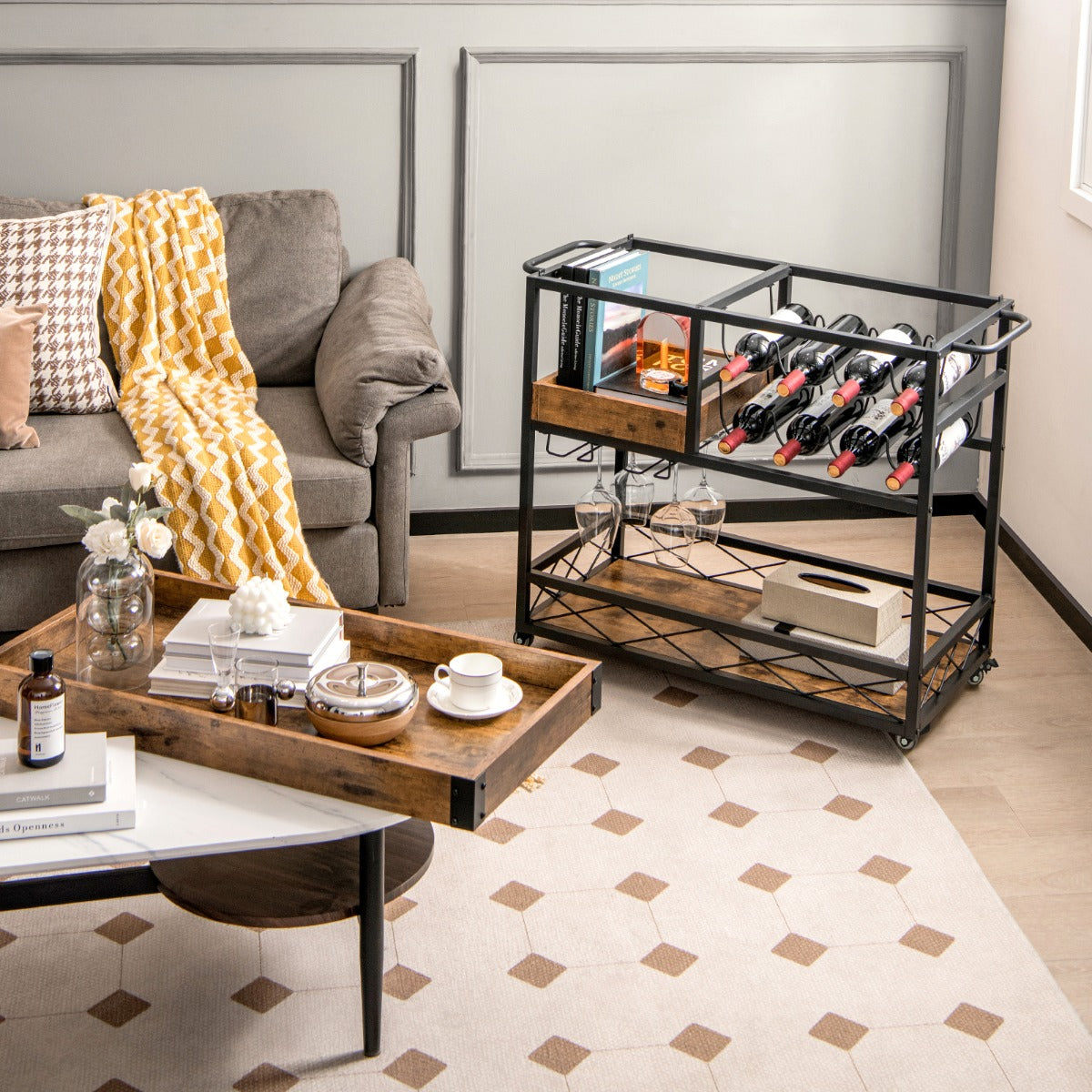 3-Tier Rolling Bar Cart with Removable Tray for Dining Room