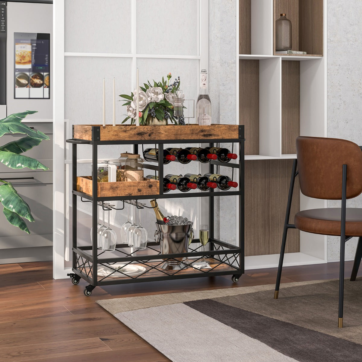3-Tier Rolling Bar Cart with Removable Tray for Dining Room