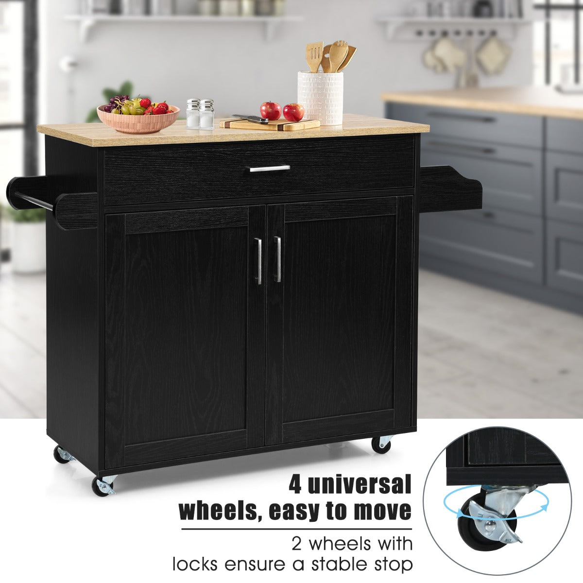 Kitchen Island Cart with Lockable Rubber Casters for Kitchen