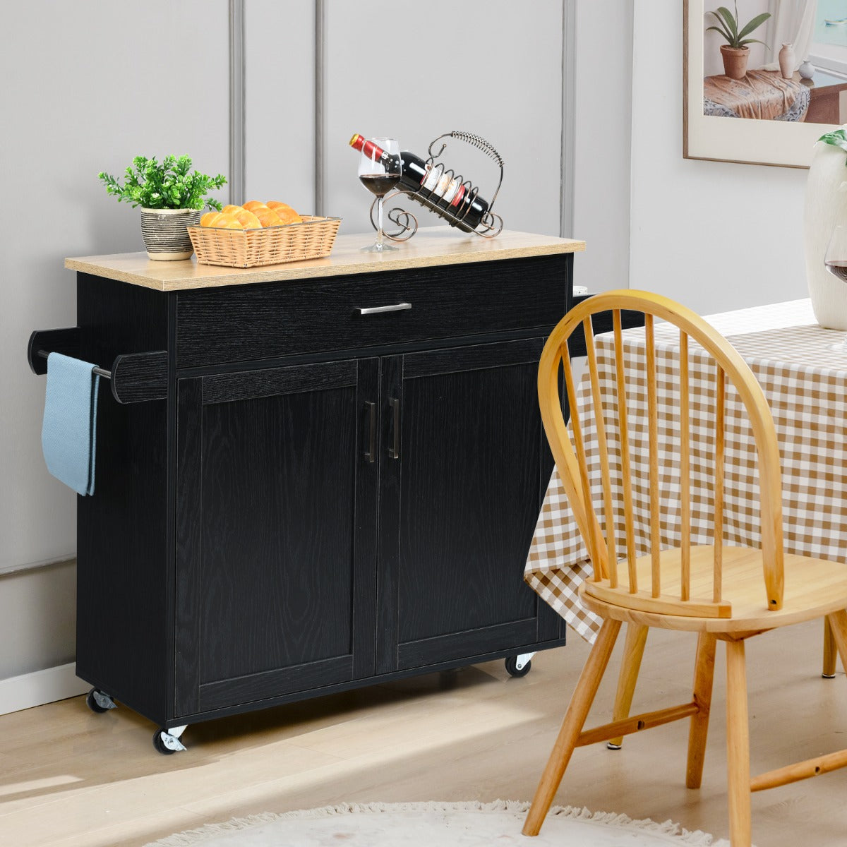 Kitchen Island Cart with Lockable Rubber Casters for Kitchen