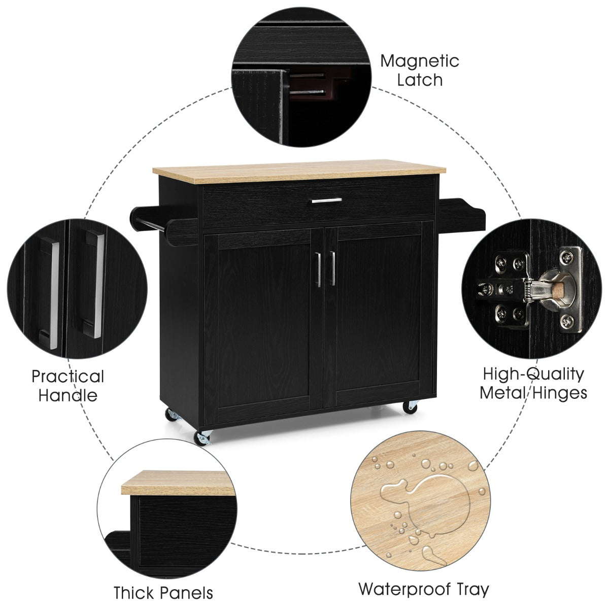 Kitchen Island Cart with Lockable Rubber Casters for Kitchen
