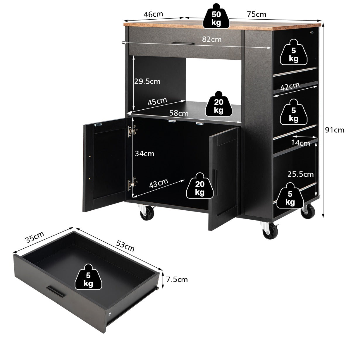 Rolling Kitchen Serving Trolley with 3 Spice Racks for Kitchen