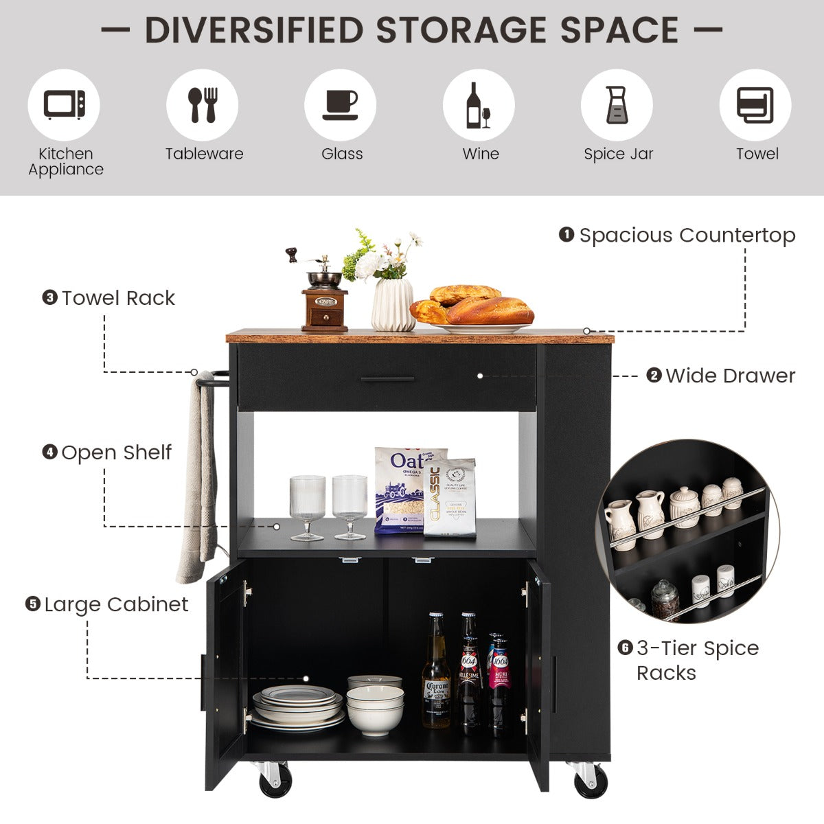 Rolling Kitchen Serving Trolley with 3 Spice Racks for Kitchen