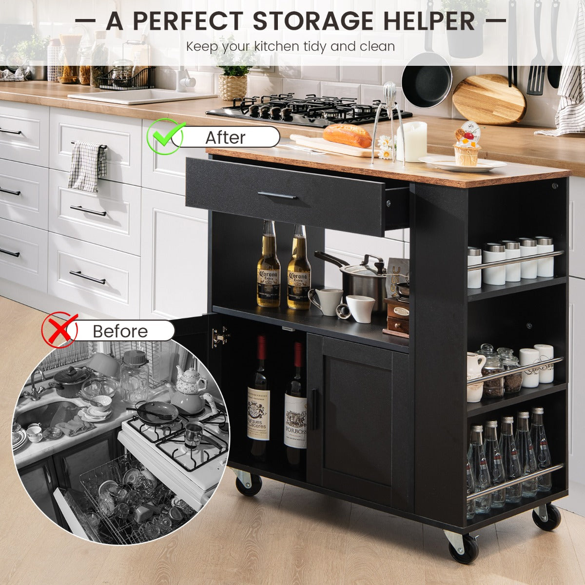 Rolling Kitchen Serving Trolley with 3 Spice Racks for Kitchen