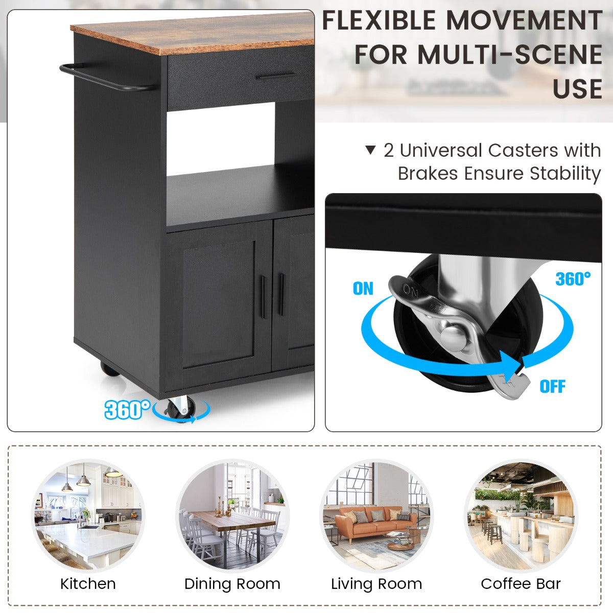 Rolling Kitchen Serving Trolley with 3 Spice Racks for Kitchen