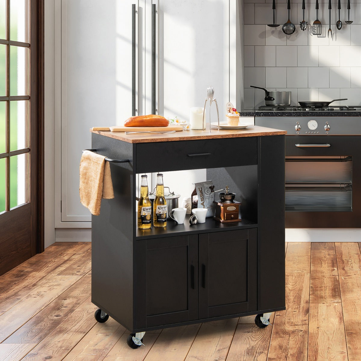 Rolling Kitchen Serving Trolley with 3 Spice Racks for Kitchen