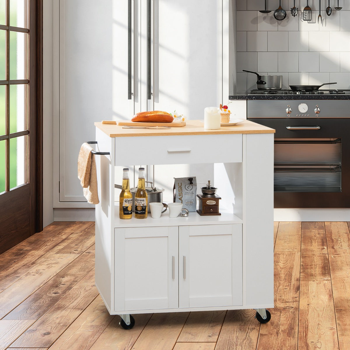 Rolling Kitchen Serving Trolley with 3 Spice Racks for Kitchen