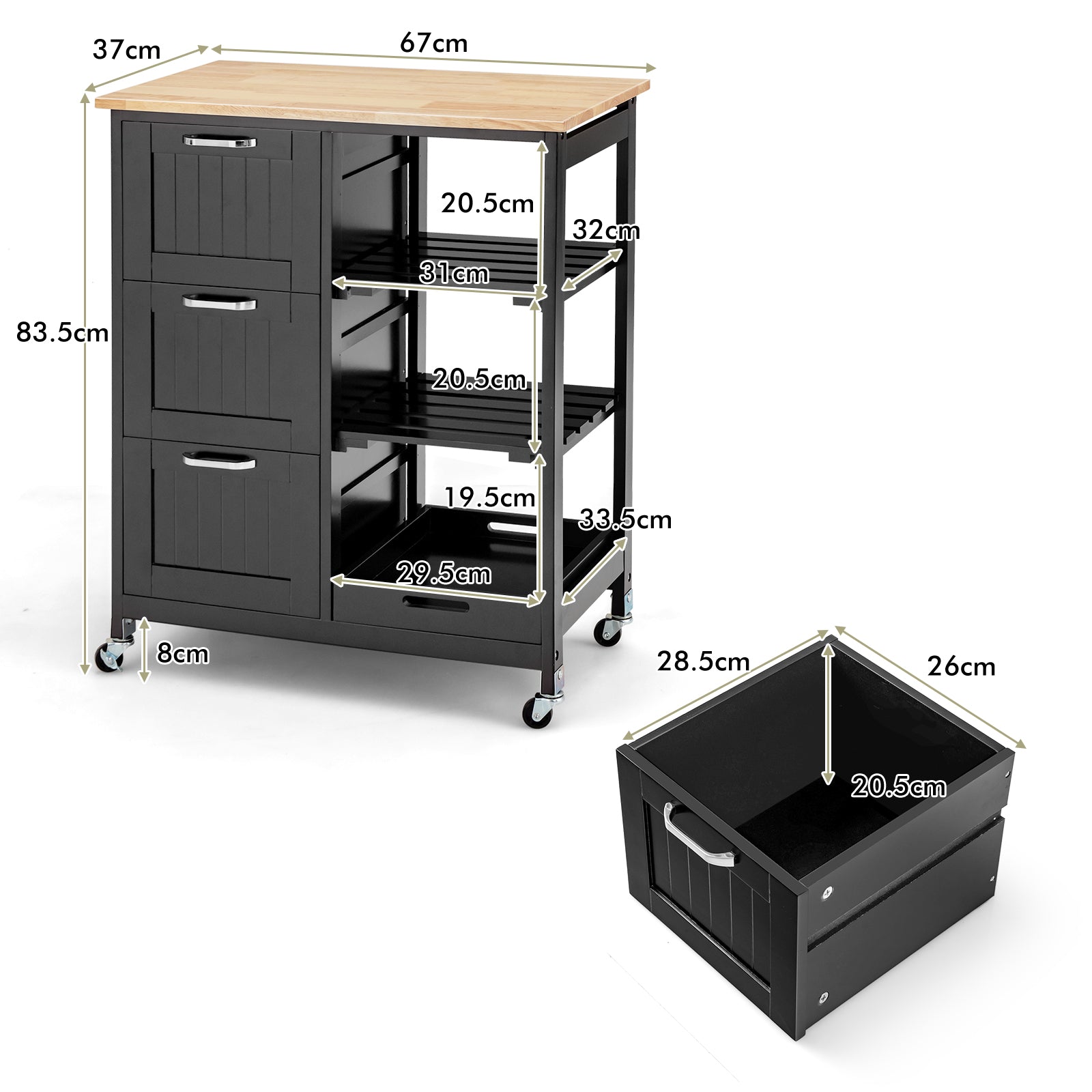 Kitchen Island with Rubber Wood Countertop & Lockable Casters