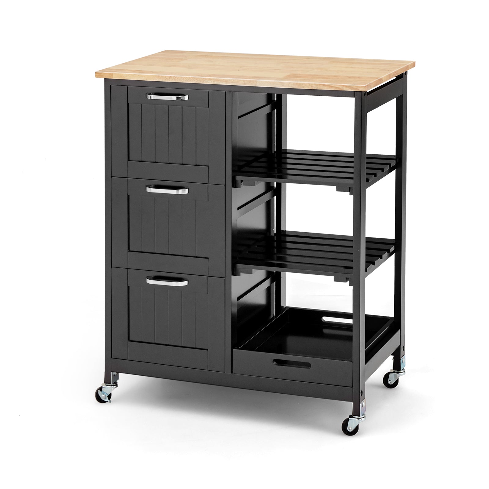 Kitchen Island with Rubber Wood Countertop & Lockable Casters