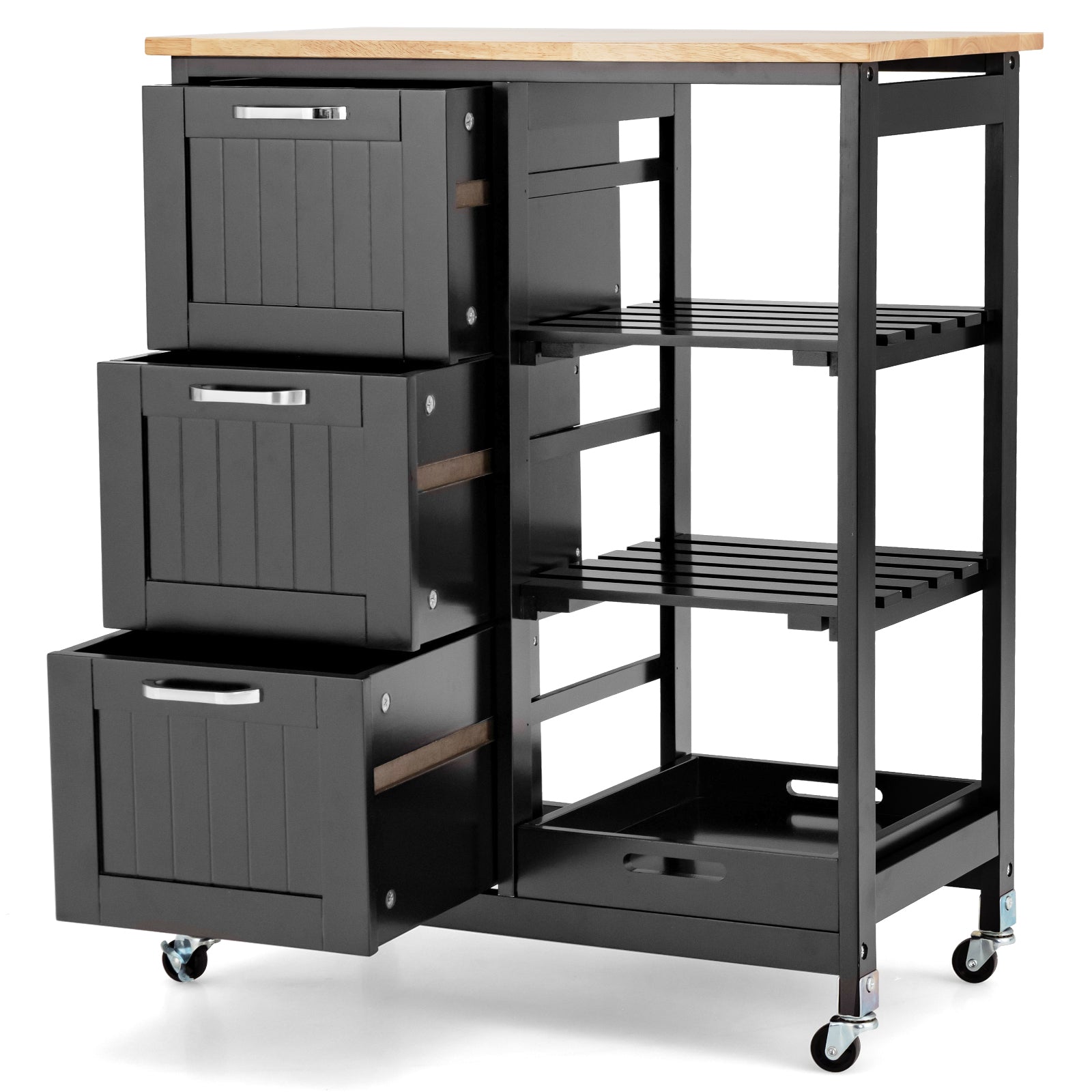 Kitchen Island with Rubber Wood Countertop & Lockable Casters