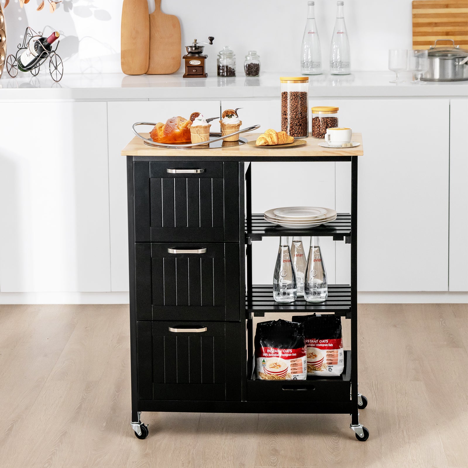Kitchen Island with Rubber Wood Countertop & Lockable Casters