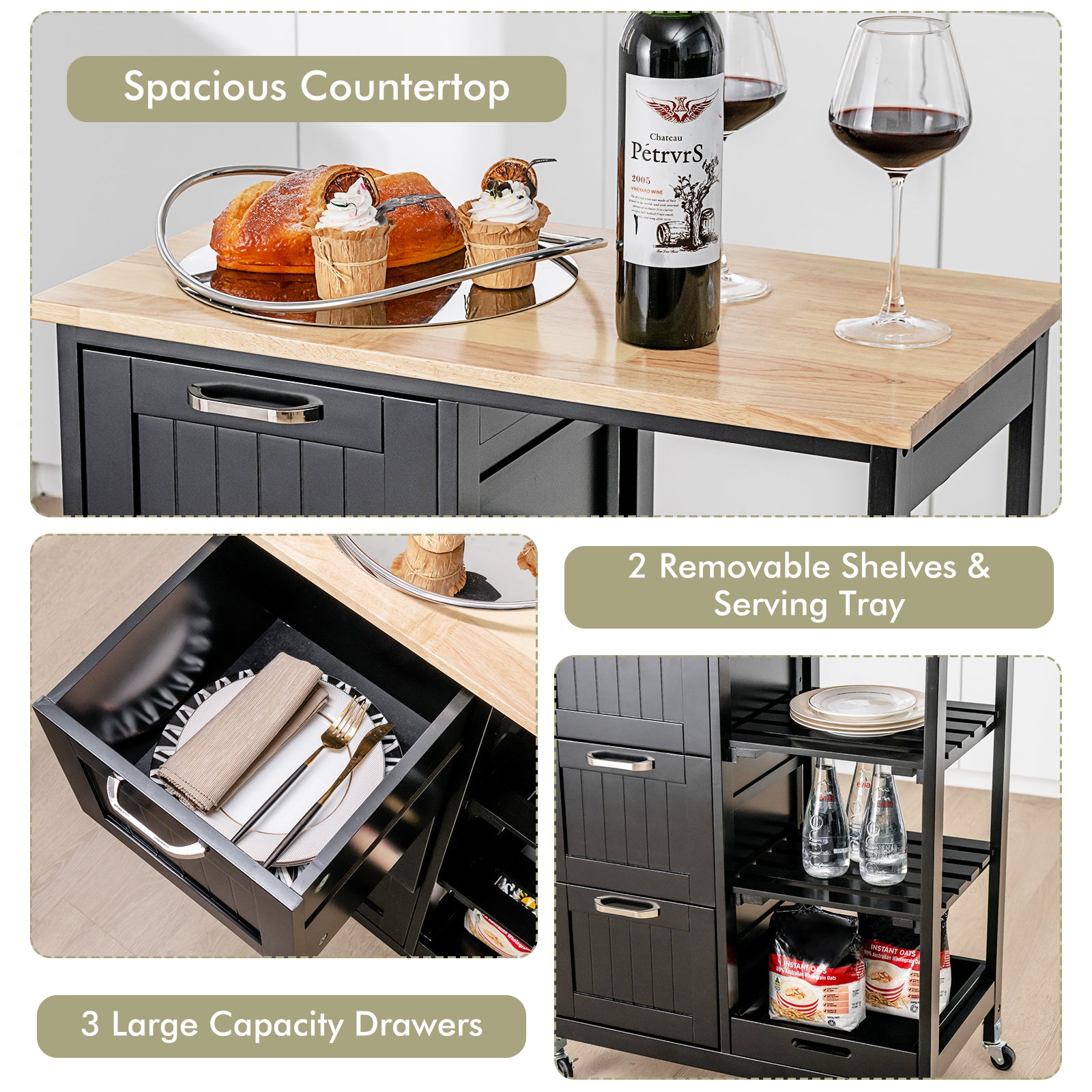 Kitchen Island with Rubber Wood Countertop & Lockable Casters