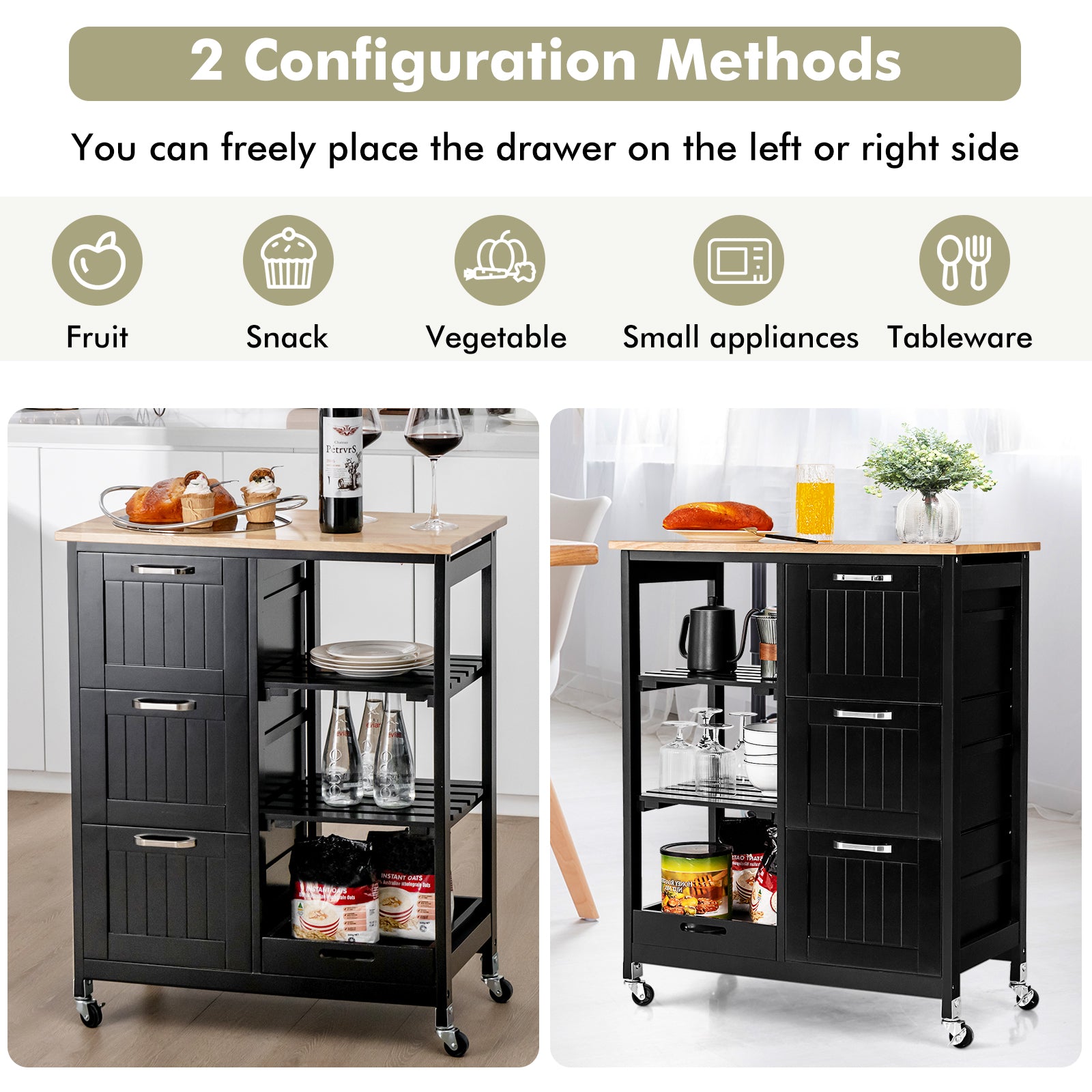 Kitchen Island with Rubber Wood Countertop & Lockable Casters