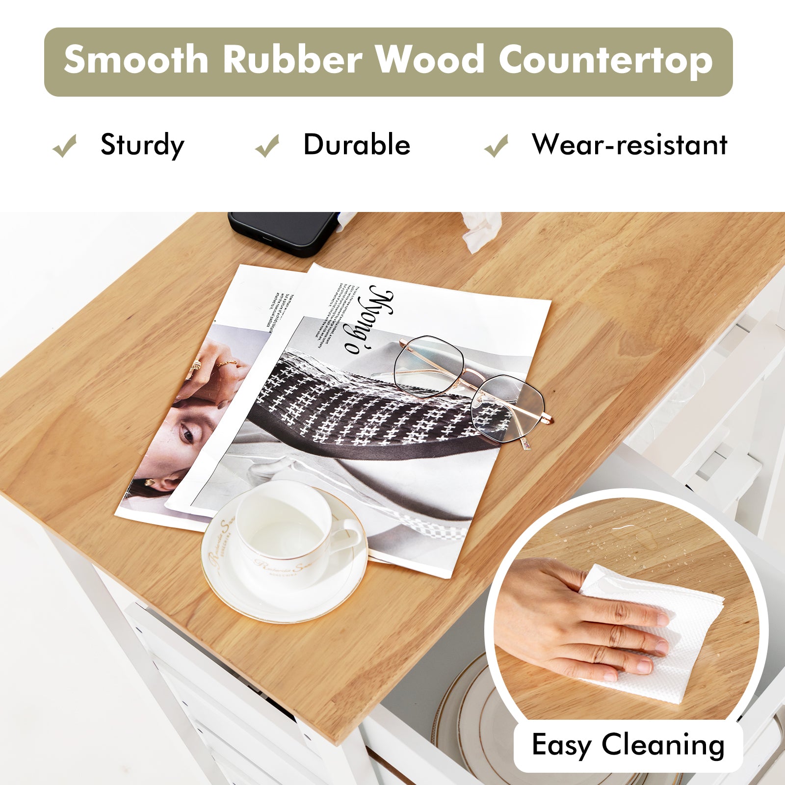 Kitchen Island with Rubber Wood Countertop & Lockable Casters