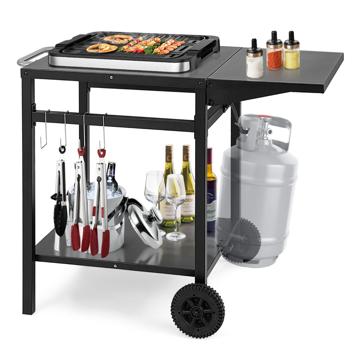 Movable Double-Shelf Dining Cart Table with Folding Tabletop