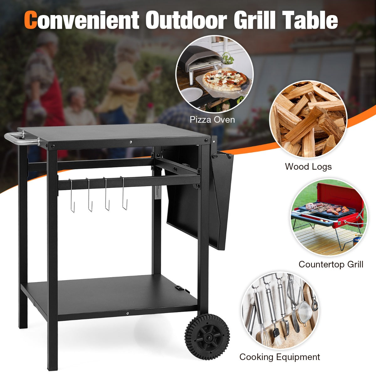 Movable Double-Shelf Dining Cart Table with Folding Tabletop