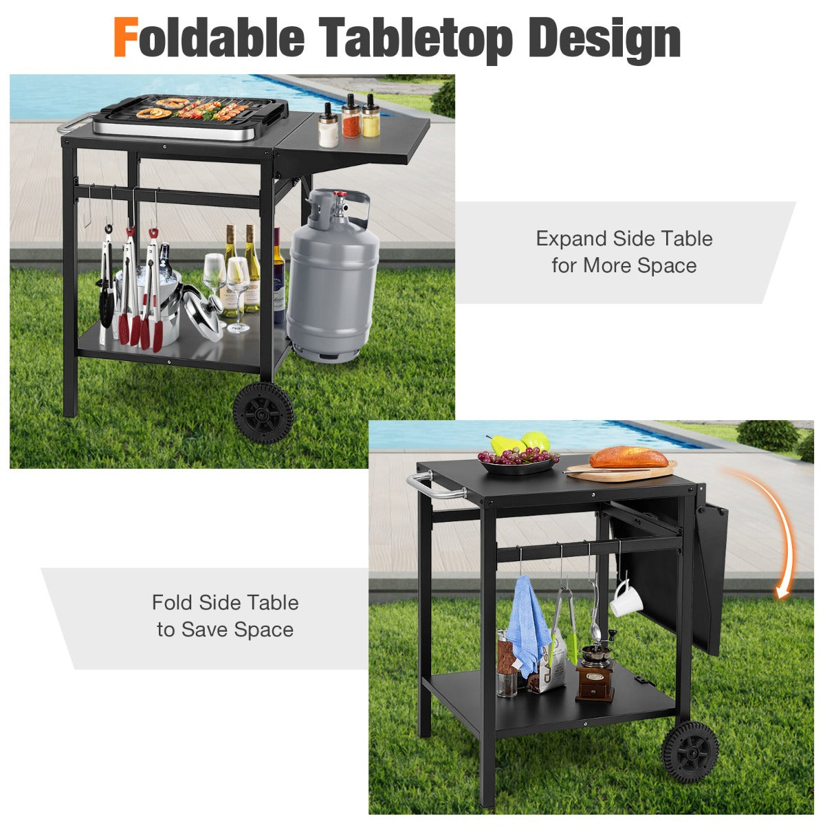 Movable Double-Shelf Dining Cart Table with Folding Tabletop