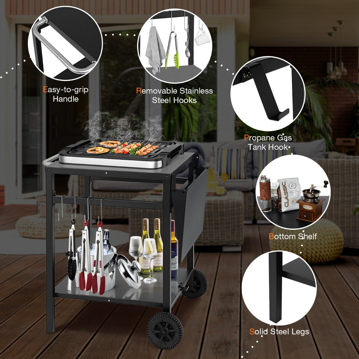 Movable Double-Shelf Dining Cart Table with Folding Tabletop