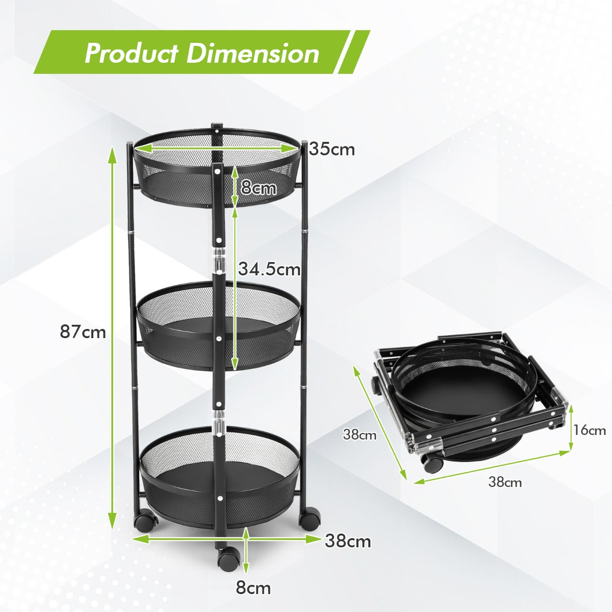 3-Tier Folding Kitchen Trolley Cart with Baskets