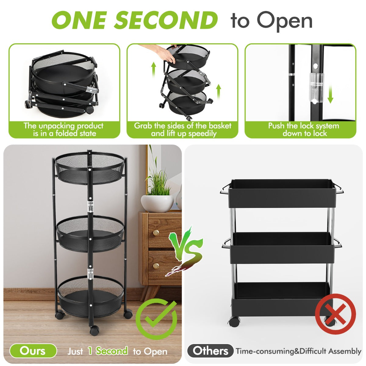 3-Tier Folding Kitchen Trolley Cart with Baskets