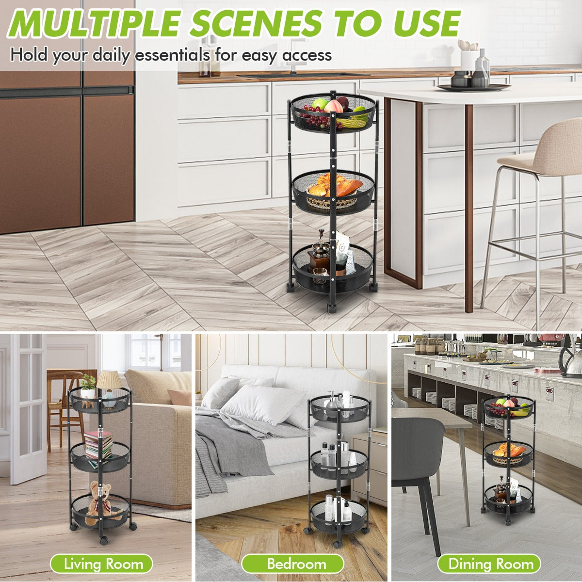 3-Tier Folding Kitchen Trolley Cart with Baskets