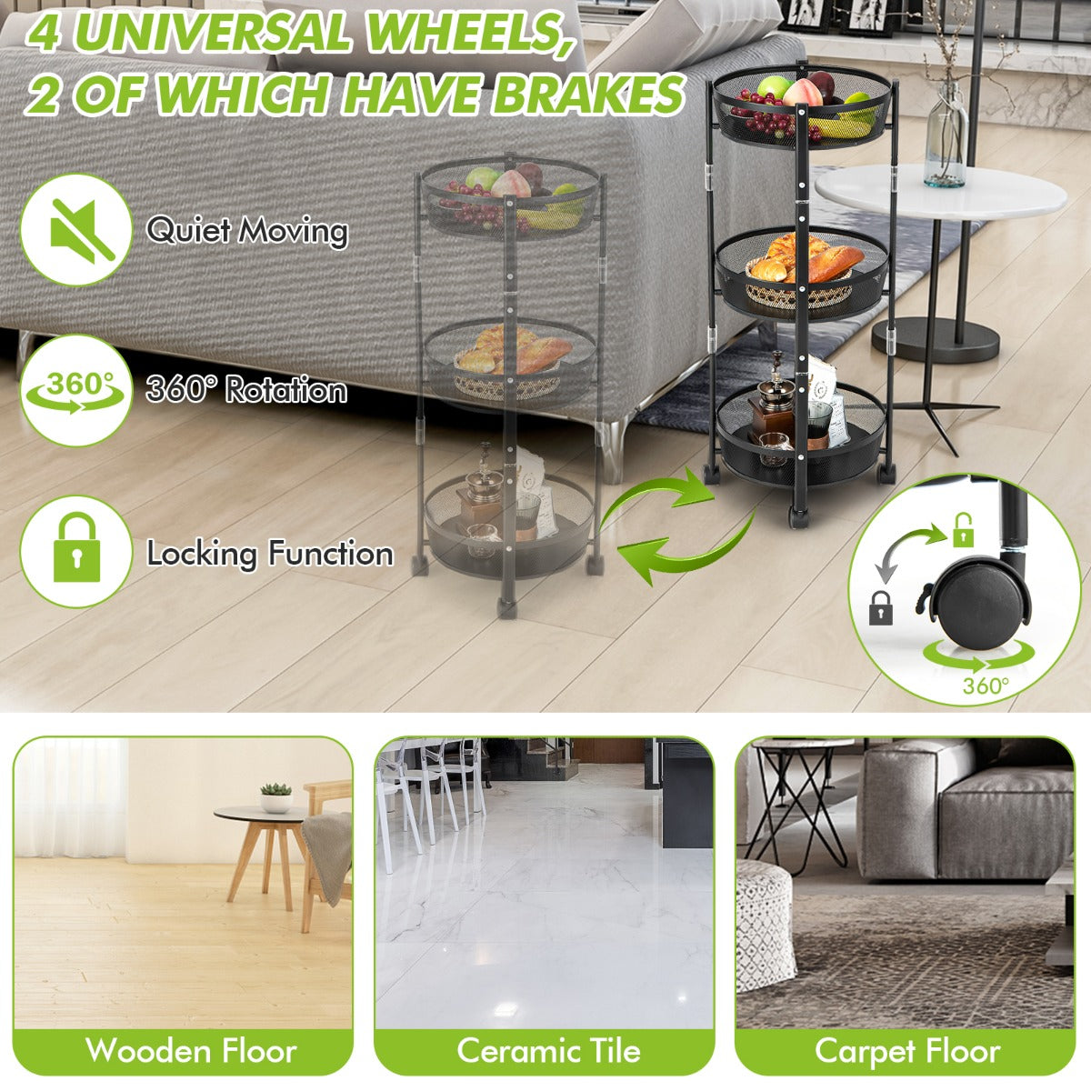 3-Tier Folding Kitchen Trolley Cart with Baskets