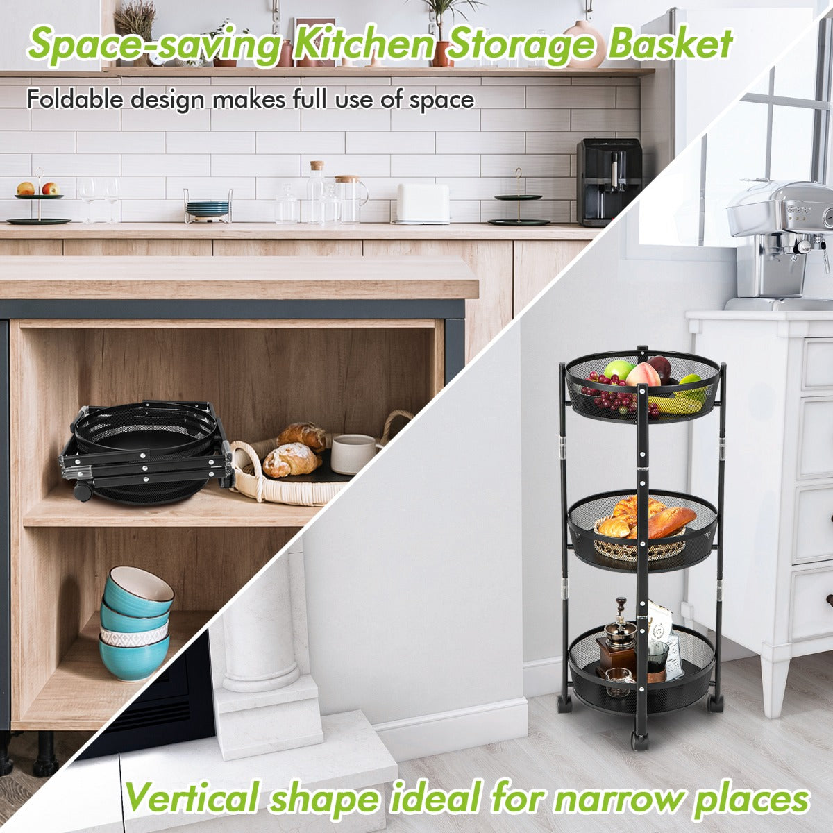 3-Tier Folding Kitchen Trolley Cart with Baskets