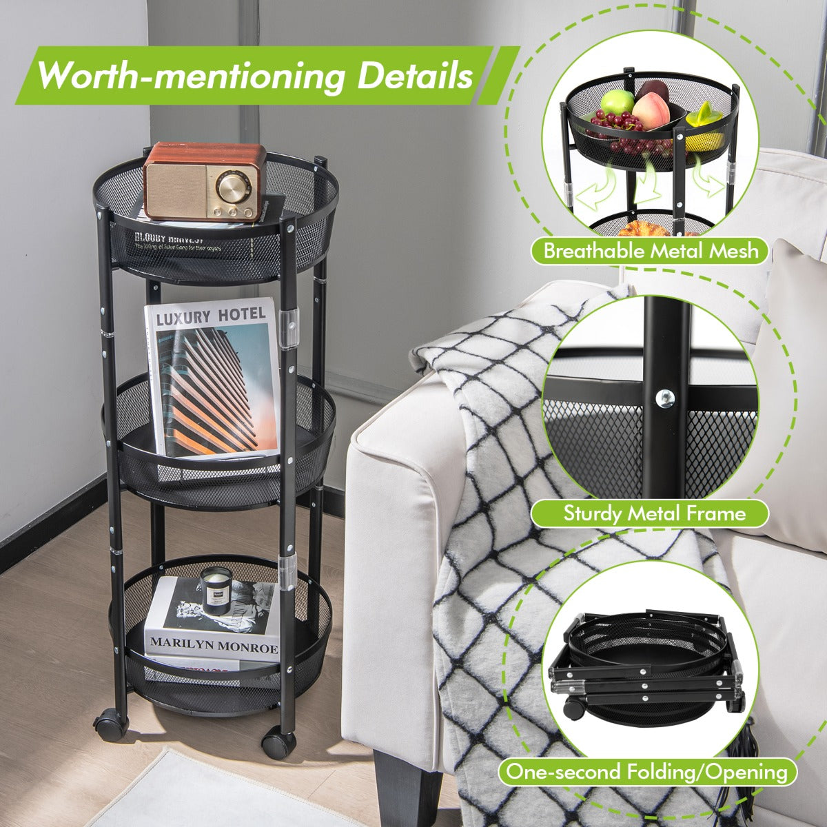 3-Tier Folding Kitchen Trolley Cart with Baskets