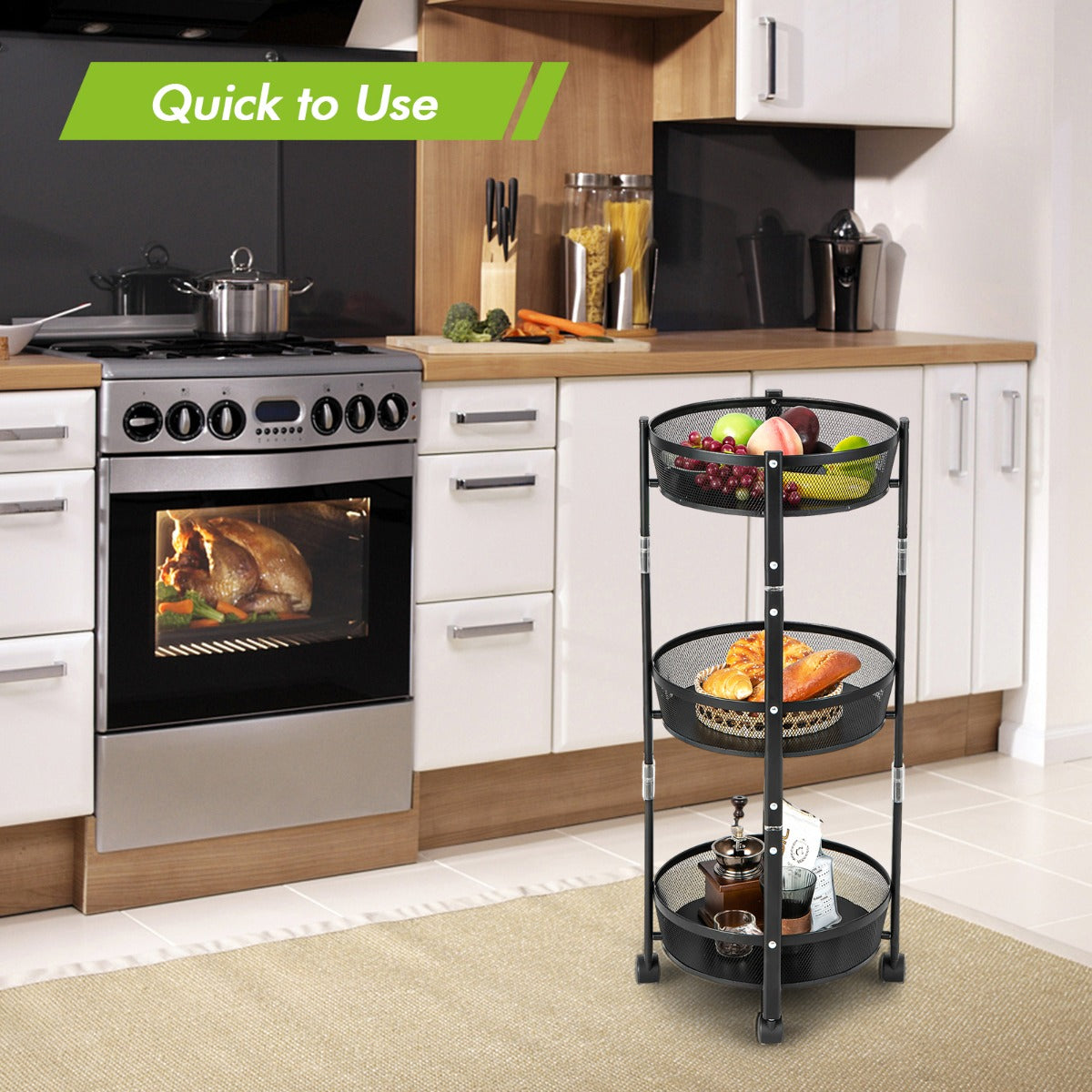 3-Tier Folding Kitchen Trolley Cart with Baskets