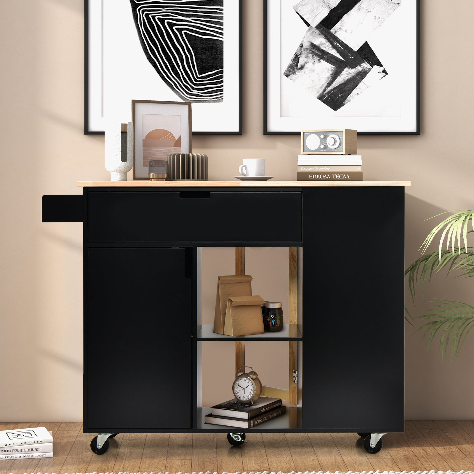 Drop-Leaf Rolling Kitchen Island with Rubber Wood Top