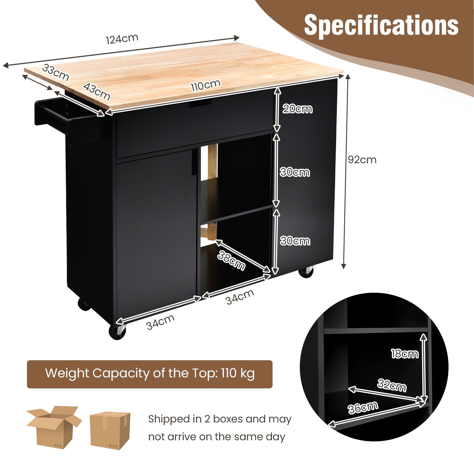 Drop-Leaf Rolling Kitchen Island with Rubber Wood Top