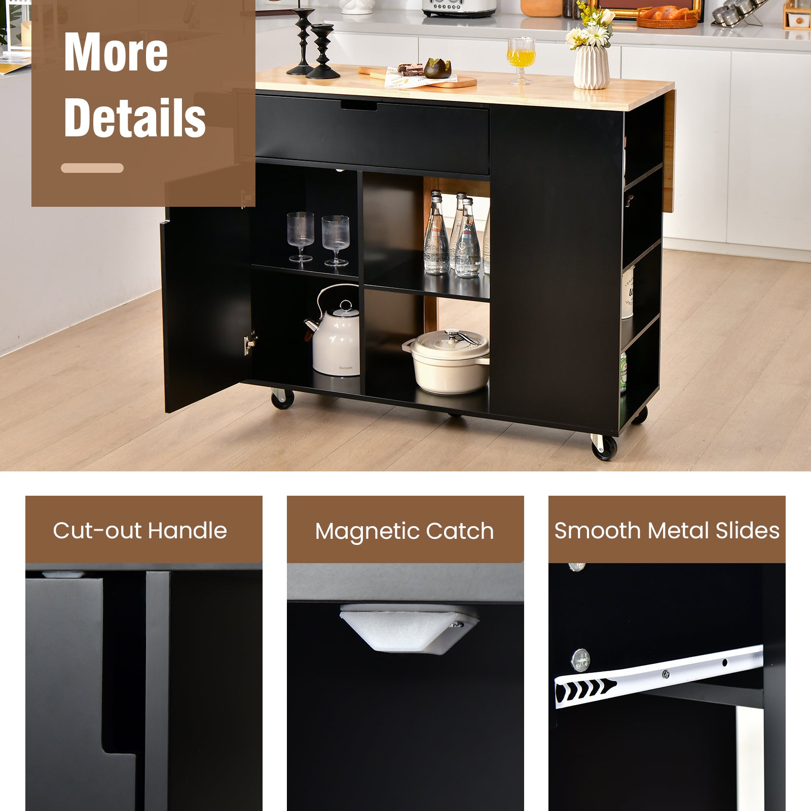 Drop-Leaf Rolling Kitchen Island with Rubber Wood Top