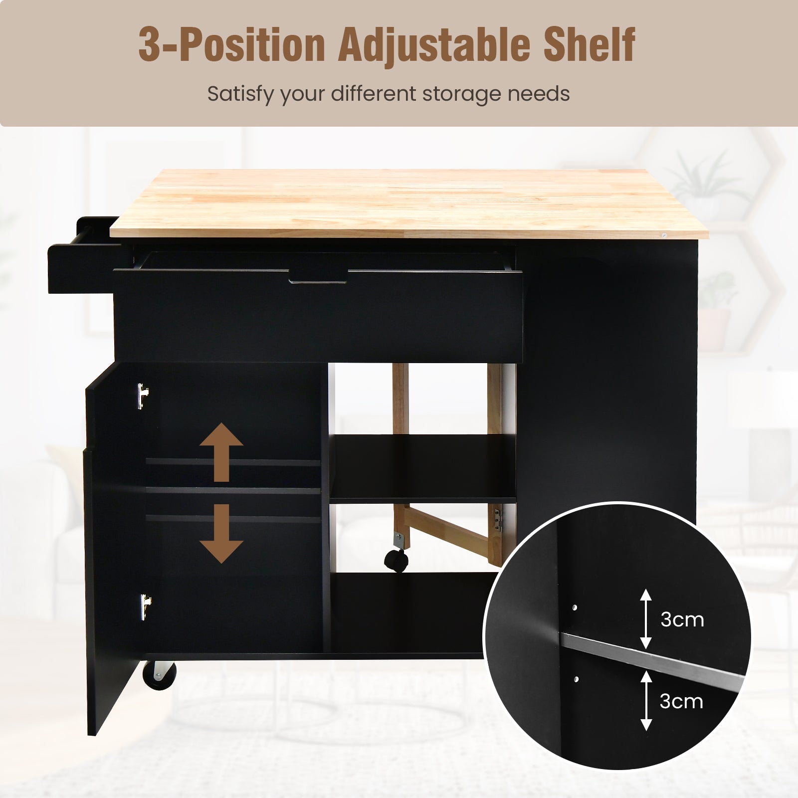 Drop-Leaf Rolling Kitchen Island with Rubber Wood Top