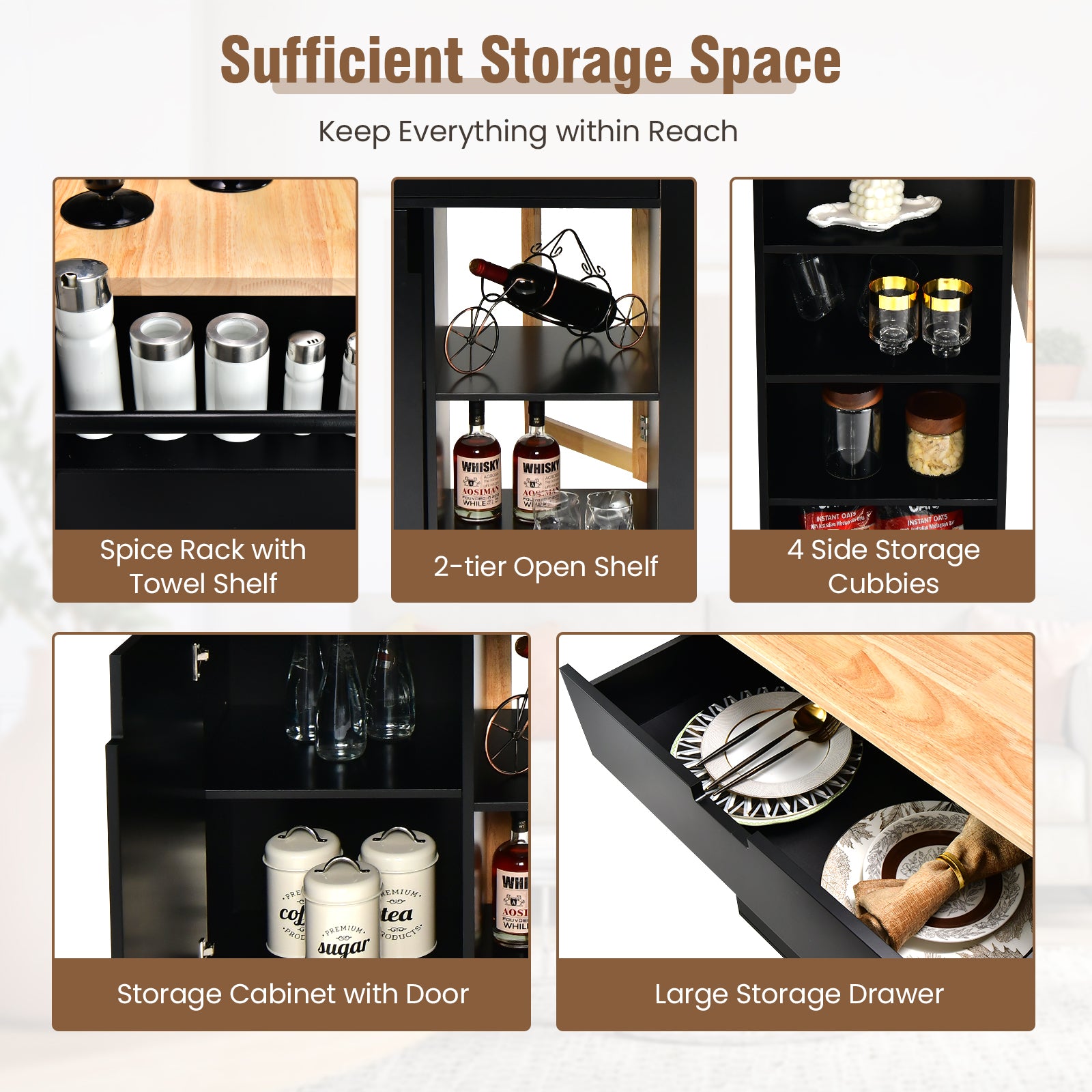Drop-Leaf Rolling Kitchen Island with Rubber Wood Top