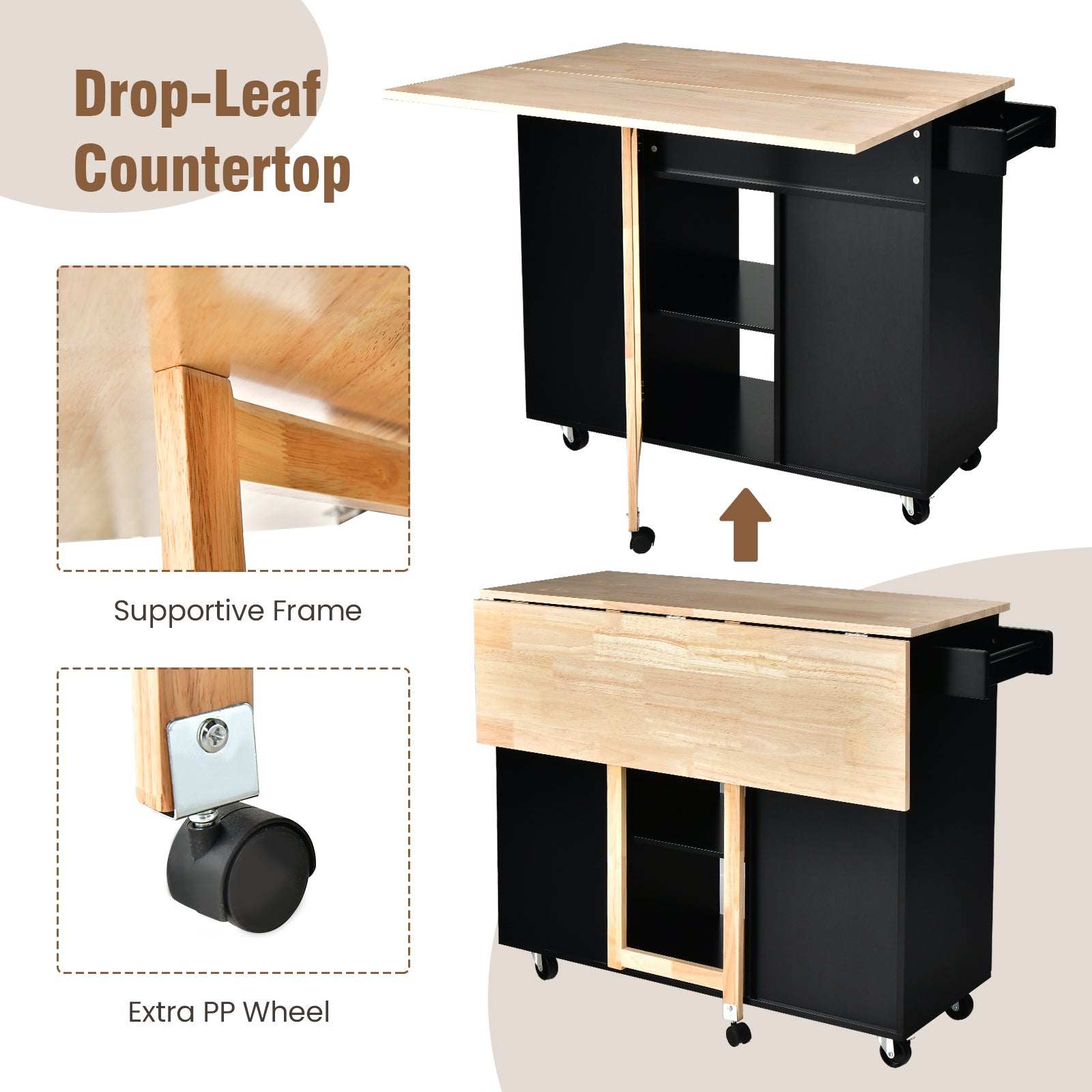 Drop-Leaf Rolling Kitchen Island with Rubber Wood Top