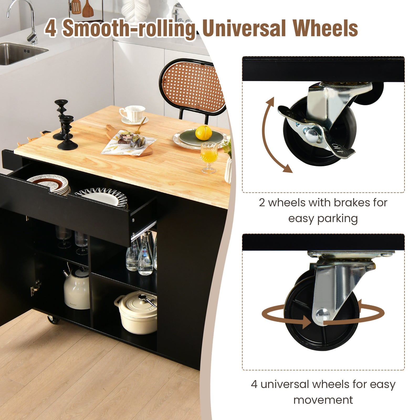 Drop-Leaf Rolling Kitchen Island with Rubber Wood Top